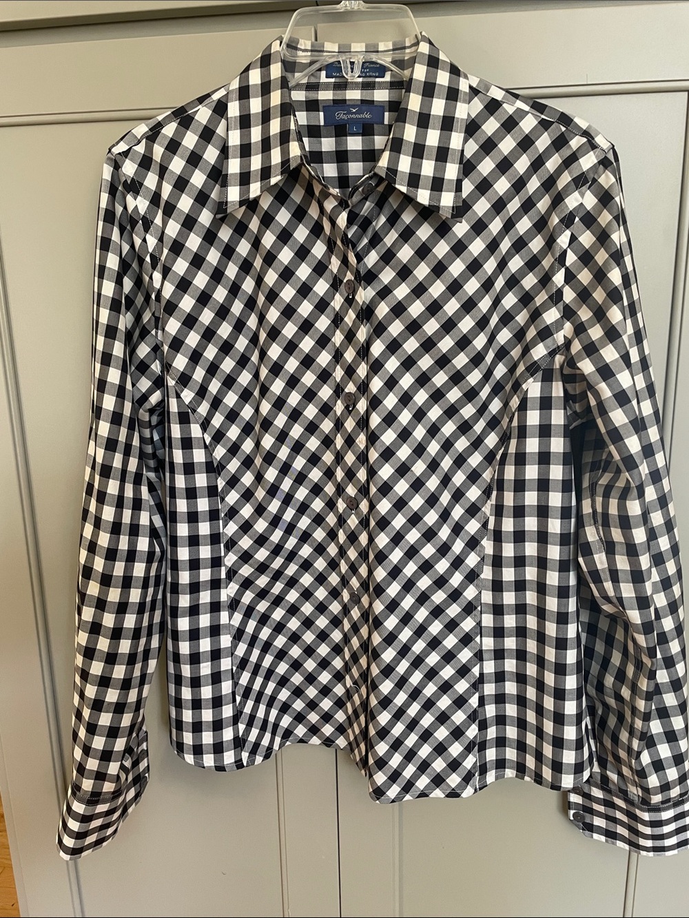 Faconnable Black & White Gingham 100% Cotton Button-Down Shirt Blouse